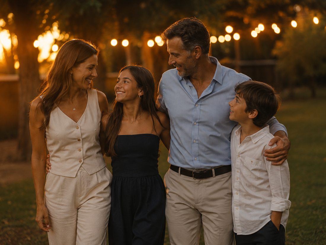 Una familia caminando abrazada por el parque a la última luz de la tarde, con las guirnaldas ya encendidas
