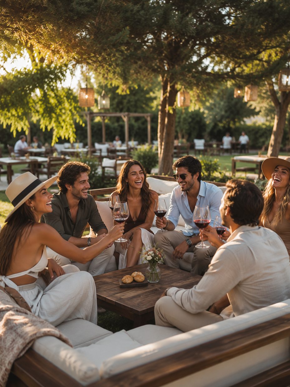 Una ronda de invitados conversando con una copa de vino en los livings del jardín, a la última luz de la tarde