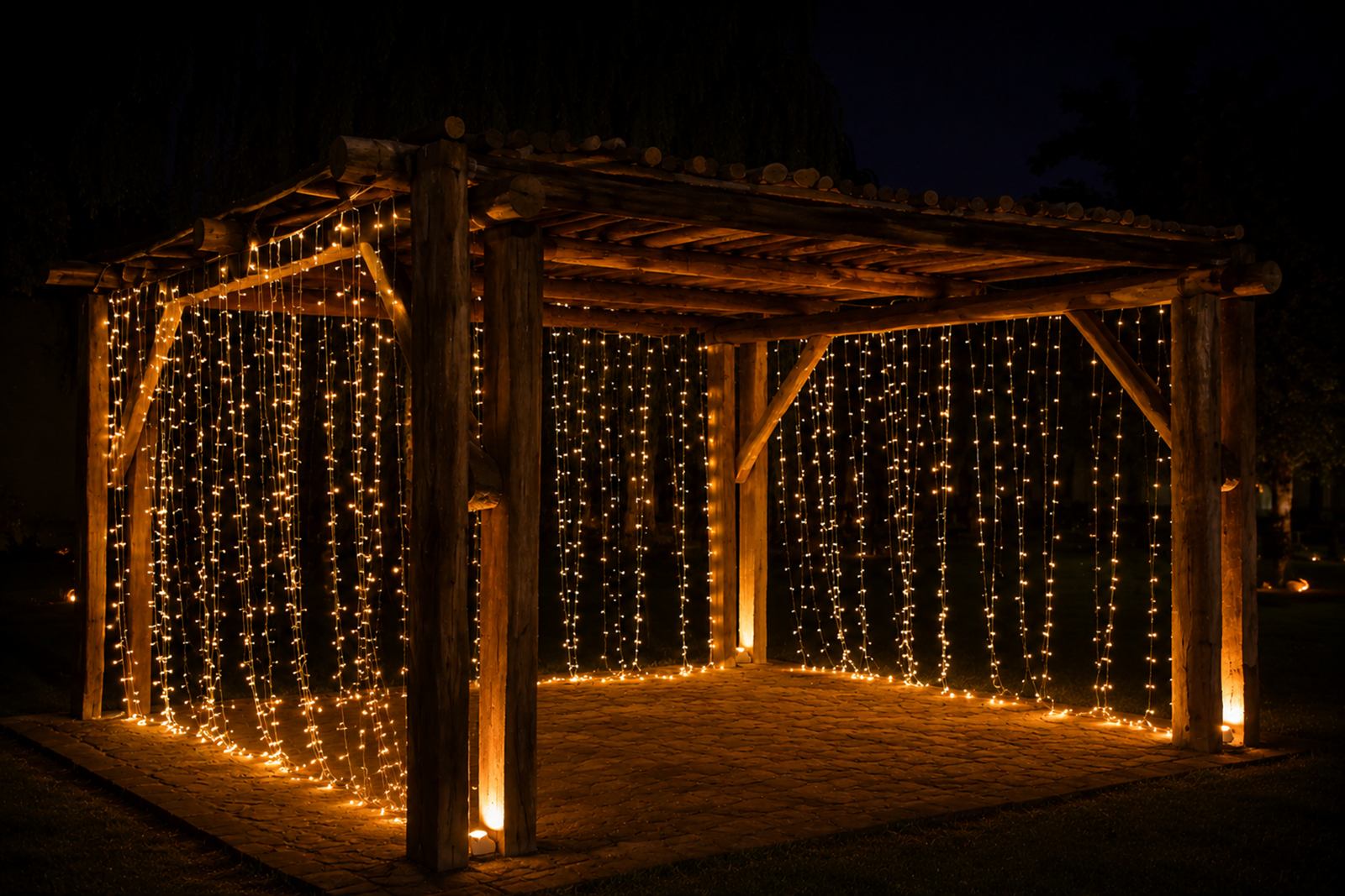 La pérgola del parque de noche con las cortinas de luces encendidas