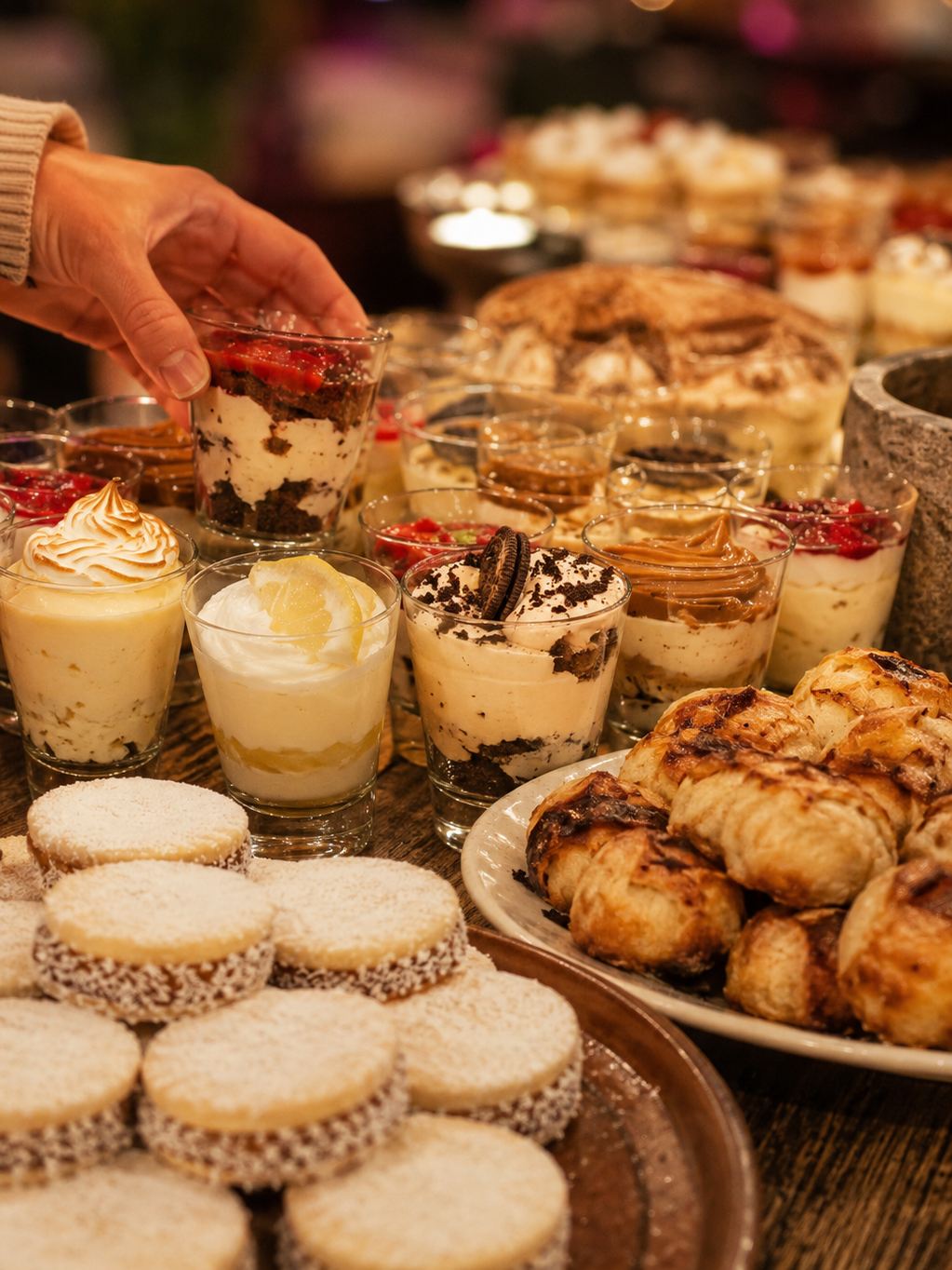 Primer plano de la mesa dulce: una mano tomando una copita, con los alfajores de maicena y los pastelitos en primer plano