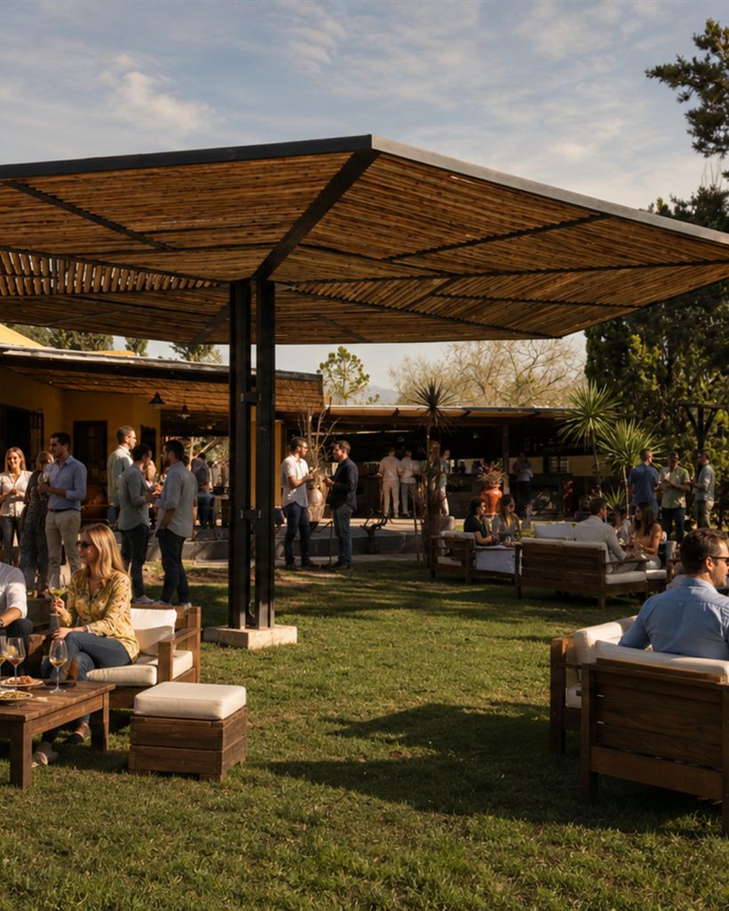 Los invitados con una copa en la mano bajo la pérgola de caña, entre los livings del parque, a plena luz del día