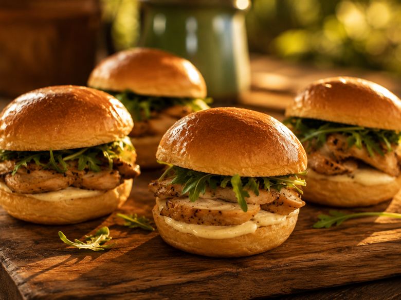 Cuatro sándwiches de pollo en pan brioche dorado, con rúcula, sobre una tabla de madera