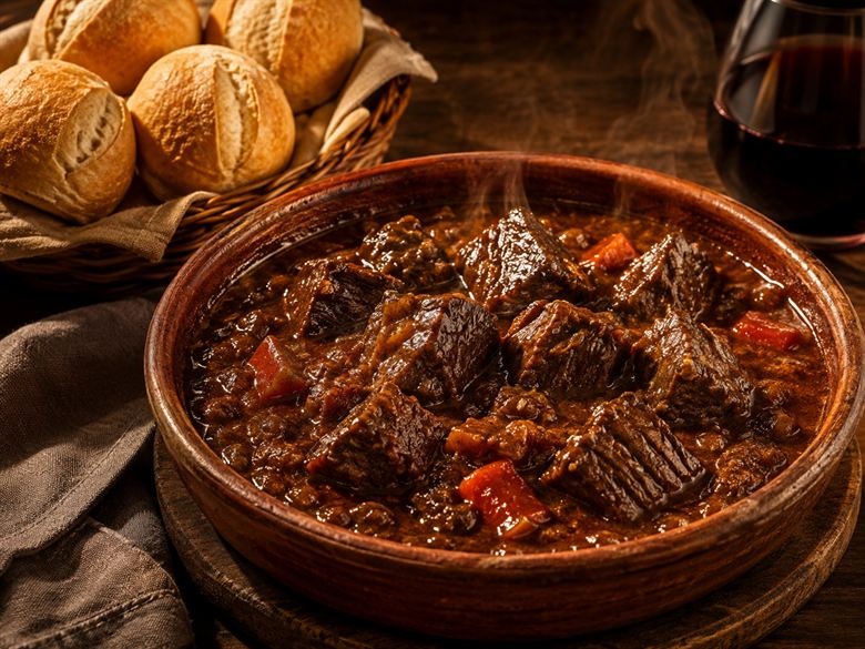 La cazuela de barro con la ternera al Malbec humeando, con la canasta de pan y una copa de vino al lado