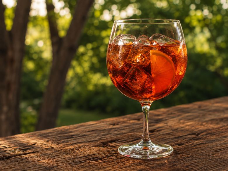 Una copa de vermut con hielo y rodaja de naranja, sobre la mesa de madera del jardín